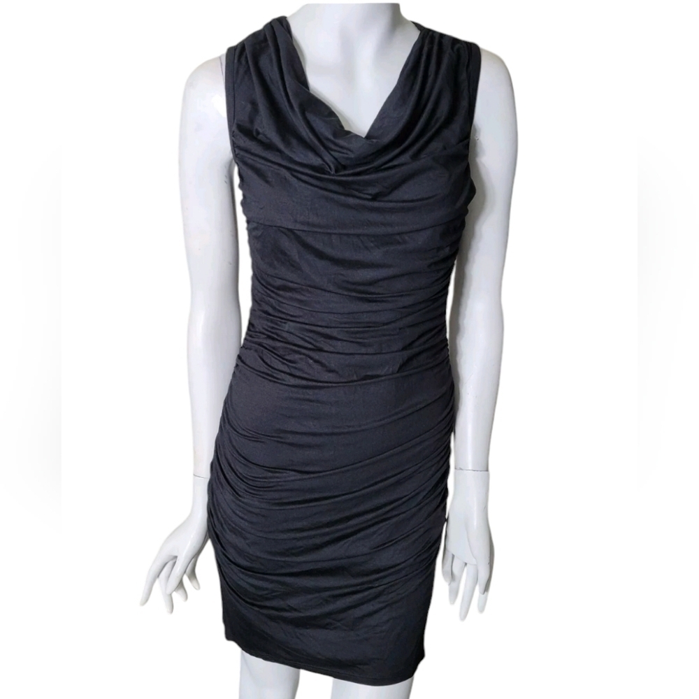 Trina Turk Ruched Sleeveless Black Bodycon Jersey Knit Cowl Neck Dress Size S